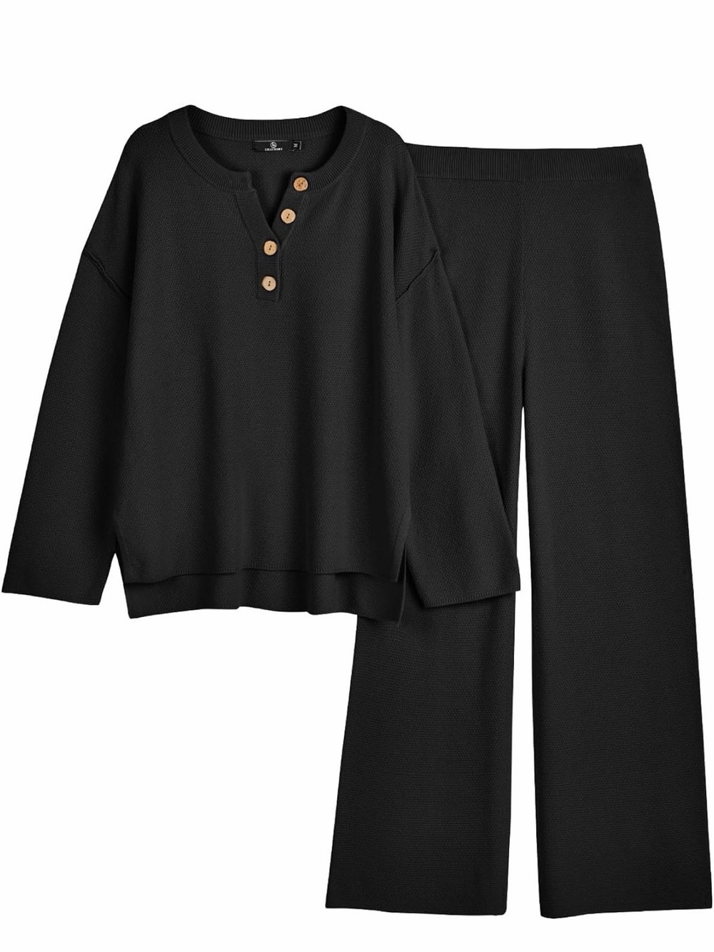 Women's Black Two-Piece Button Henley Lounge Set